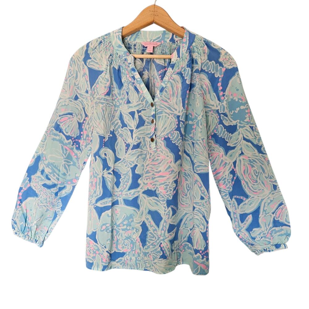 Lilly Pulitzer 100% Silk Elsa Nautical Print Blouse Seahorse Starfish Blue XXS